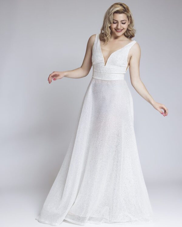 Πολυτελές νυφικό με έξω πλάτη και φιόγκο | Σετ Μητέρα-Κόρη