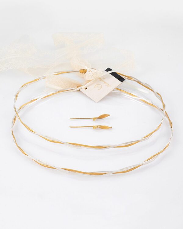 Στέφανα γάμου χρυσό και ασήμι τριπλή ανάγλυφη  πλέξη κοτσίδα