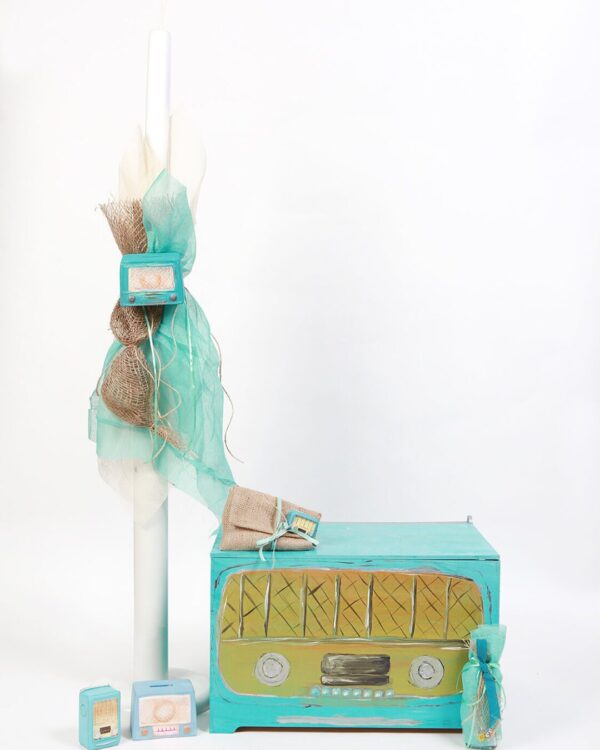 Σετ βάπτισης ξύλινο κουτί με θέμα ρετρό ραδιόφωνο