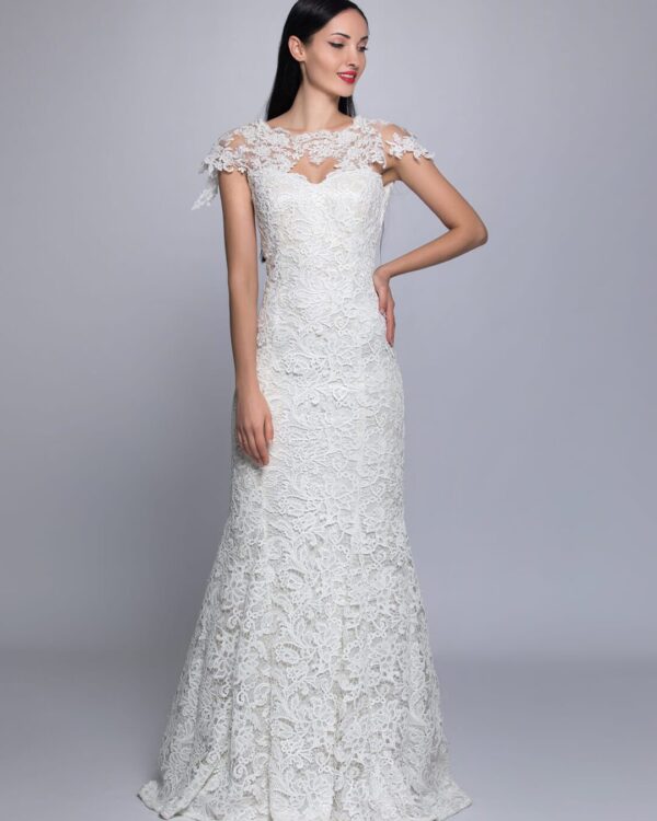 Γοργονέ νυφικό από γαλλική βαμβακερή ανάγλυφη δαντέλα