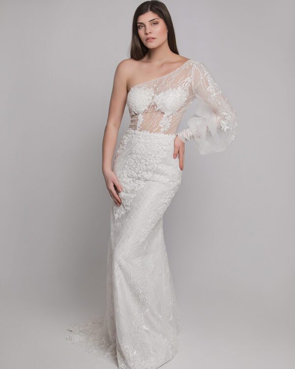 Εντυπωσιακό αρχαιοελληνικό νυφικό με ένα μανίκι σε στενή γραμμή σε χρώμα off white