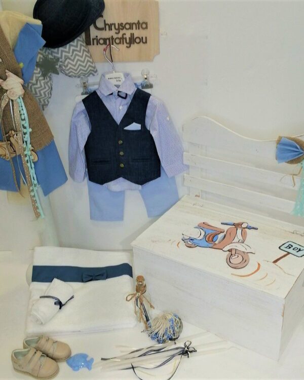 Πλήρες σετ βάπτισης με θέμα τη Βέσπα, συνδυασμένο με ρούχο και παπούτσι