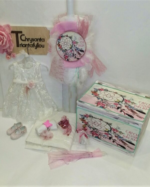 Σετ βάπτισης για κορίτσι με θέμα Ονειροπαγίδα, με ρούχο και παπούτσι