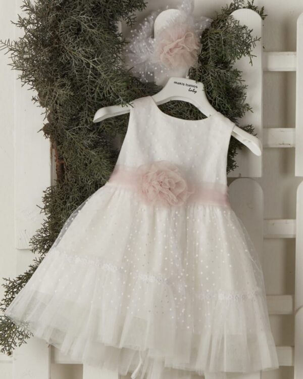 Λευκό βαπτιστικό φόρεμα με πουά γαλλικό τούλι