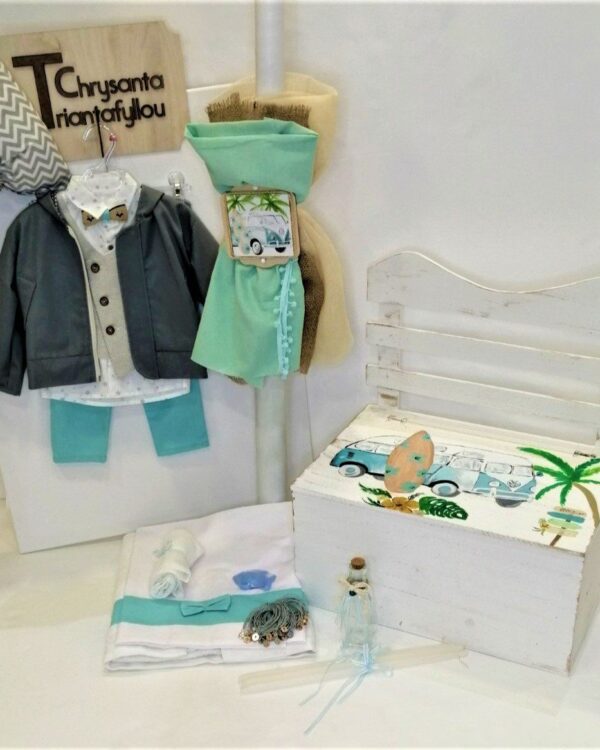 Πλήρες σετ βάπτισης με παγκάκι και θέμα Vintage Van & Surfing