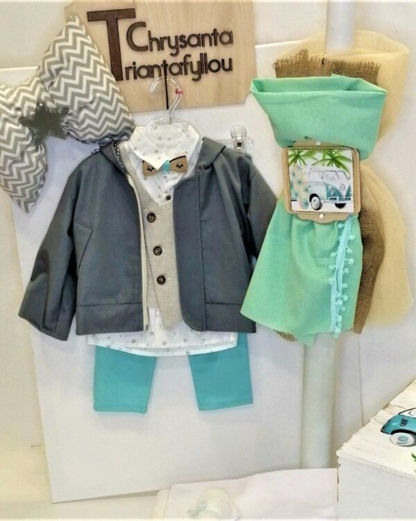 Πλήρες σετ βάπτισης με θέμα vintage van & Surfing, συνδυασμένο με ρούχο και παπούτσι