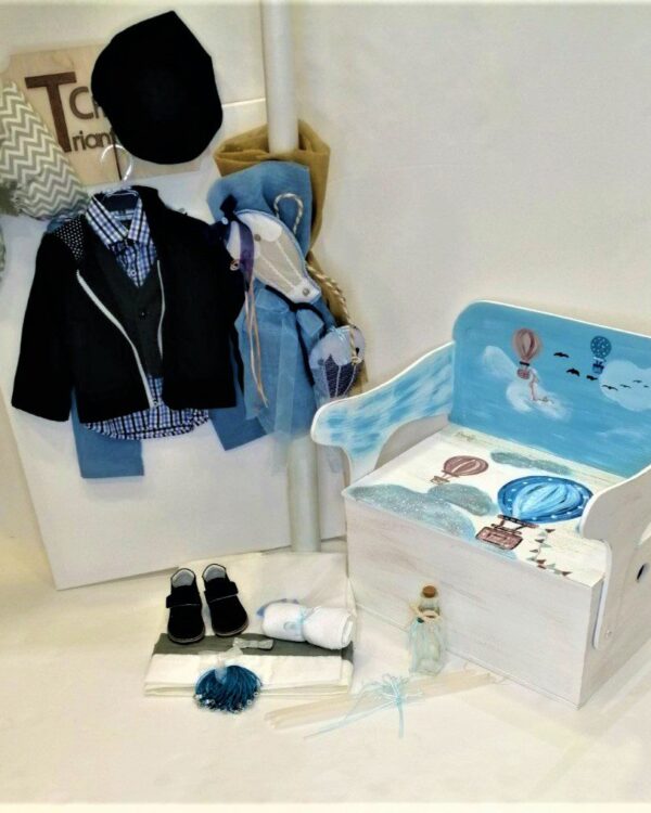 πλήρες σετ βάπτισης με θέμα το Αερόστατο, συνδυασμένο με ρούχο και παπούτσι