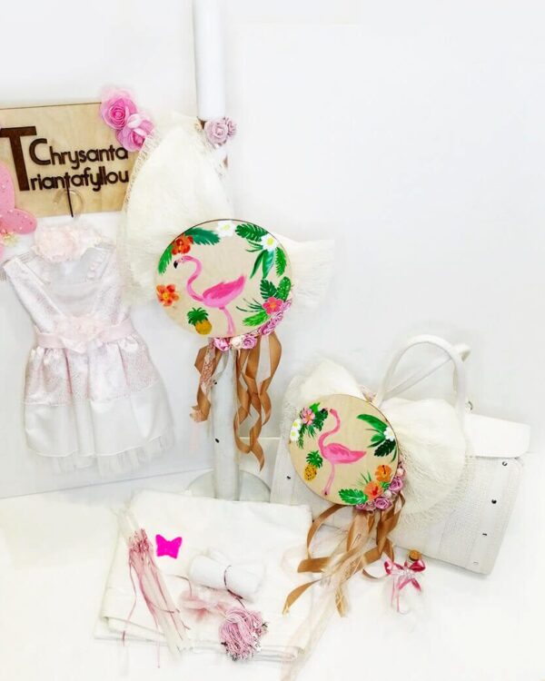 Πλήρες σετ βάπτισης με θέμα το φλαμίνγκο, συνδυασμένο με φόρεμα