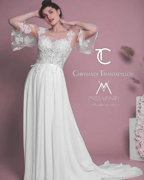 Vintage Νυφικό με μεταξωτό tatoo effect τούλι κεντημένο με ανάγλυφη γαλλική δαντέλα