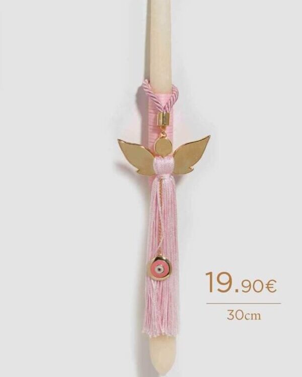 Πασχαλινή Λαμπάδα για κορίτσι με επίχρυσο γούρι με αγγελάκι και ματάκι από ροζ σμάλτο ως διακοσμητικό, με ροζ μεταξωτή φούντα και σατέν κορδόνι. Το διακοσμητικό μπορεί να γίνει κρεμαστό γούρι για το παιδικό δωμάτιο ή μπρελόκ! Χειροποίητη δημιουργία Tresento επιχρυσωμένο με 24 καράτια.