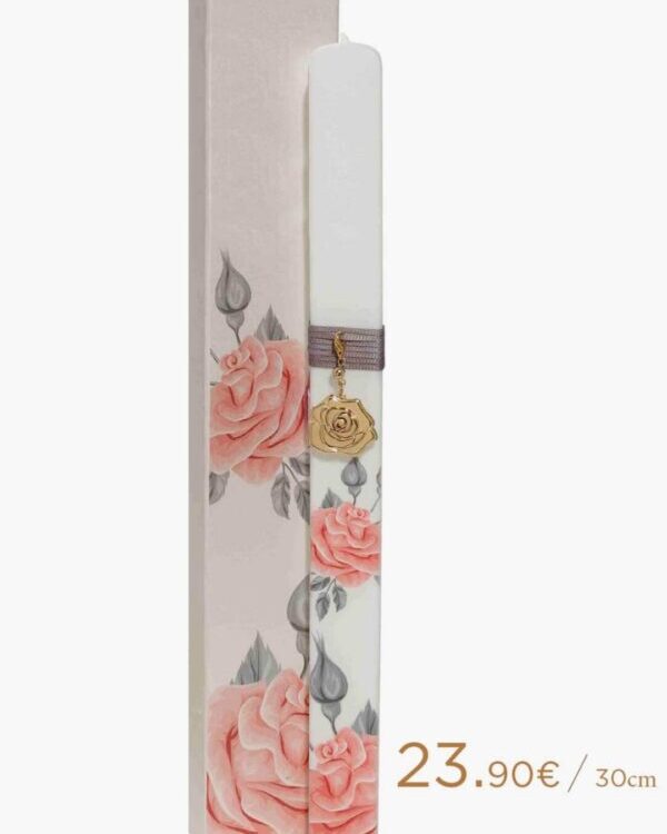 Πασχαλινή λαμπάδα για κορίτσι με τριαντάφυλλα και χρυσό τριαντάφυλλο για κολιέ