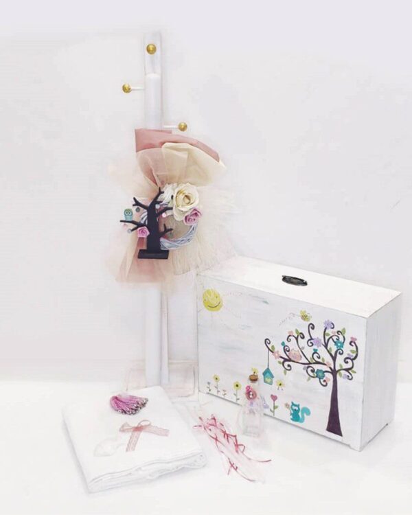 Πλήρες σετ βάπτισης Ανοιξιάτικο δέντρο με ξύλινη βαλίτσα