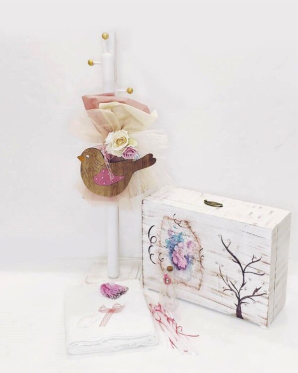 Πλήρες σετ βάπτισης με θέμα Ανοιξιάτικο δέντρο και πουλάκι, με ξύλινη βαλίτσα