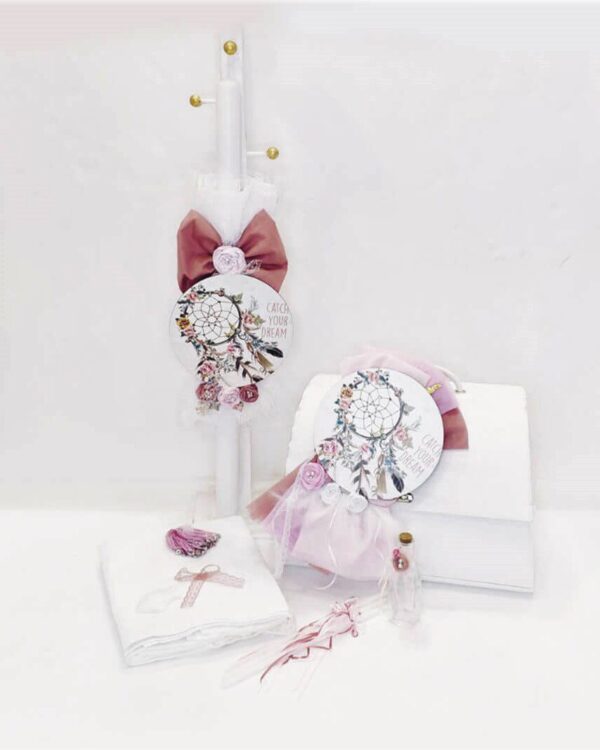 Πλήρες σετ βάπτισης με θέμα Ονειροπαγίδα με λευκή δερμάτινη βαλίτσα