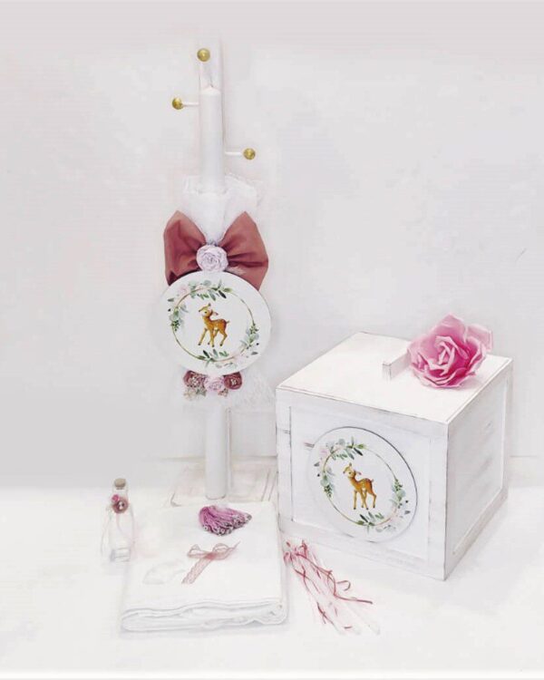 Πλήρες σετ βάπτισης με θέμα το ελαφάκι με αποθηκευτικό κύβο