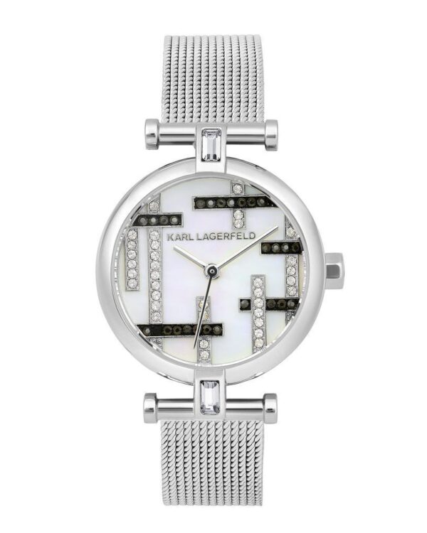 Γυναικείο ρολόι του οίκου Karl Lagerfeld, με λευκό καντράν διακοσμημένο κρύσταλλα swarovski. Μηχανισμός Quartz με 2 χρόνια εργοστασιακής εγγύησης. Με μπρασελέ, κατασκευασμένο από ανοξείδωτο ατσάλι. Διάμετρος καντράν 26mm, στεγανότητα 3 ΑΤΜ. Παραδίδεται στην γνήσια συσκευασία του με πιστοποιητικό γνησιότητας και εξουσιοδοτημένο service.