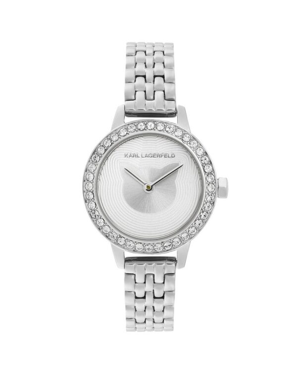 Γυναικείο ρολόι του οίκου Karl Lagerfeld, με λευκό καντράν διακοσμημένο κρύσταλλα swarovski και ασημένια γατούλα. Μηχανισμός Quartz με 2 χρόνια εργοστασιακής εγγύησης. Με μπρασελέ, κατασκευασμένο όλο από ανοξείδωτο ατσάλι. Διάμετρος καντράν 26mm, στεγανότητα 3 ΑΤΜ. Παραδίδεται στην γνήσια συσκευασία του με πιστοποιητικό γνησιότητας και εξουσιοδοτημένο service.