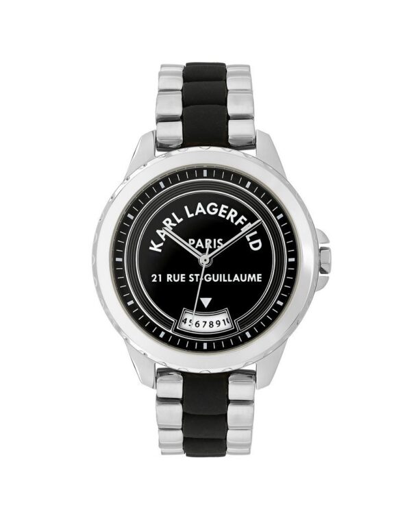 Γυναικείο ρολόι του οίκου Karl Lagerfeld, με λευκό καντράν διακοσμημένο κρύσταλλα swarovski και ασημένια γατούλα. Μηχανισμός Quartz με 2 χρόνια εργοστασιακής εγγύησης. Με μπρασελέ, κατασκευασμένο όλο από ανοξείδωτο ατσάλι. Διάμετρος καντράν 26mm, στεγανότητα 3 ΑΤΜ. Παραδίδεται στην γνήσια συσκευασία του με πιστοποιητικό γνησιότητας και εξουσιοδοτημένο service.