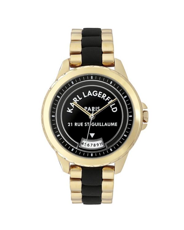 Γυναικείο ρολόι του οίκου Karl Lagerfeld, με λευκό καντράν διακοσμημένο κρύσταλλα swarovski και ασημένια γατούλα. Μηχανισμός Quartz με 2 χρόνια εργοστασιακής εγγύησης. Με μπρασελέ, κατασκευασμένο όλο από ανοξείδωτο ατσάλι. Διάμετρος καντράν 26mm, στεγανότητα 3 ΑΤΜ. Παραδίδεται στην γνήσια συσκευασία του με πιστοποιητικό γνησιότητας και εξουσιοδοτημένο service.