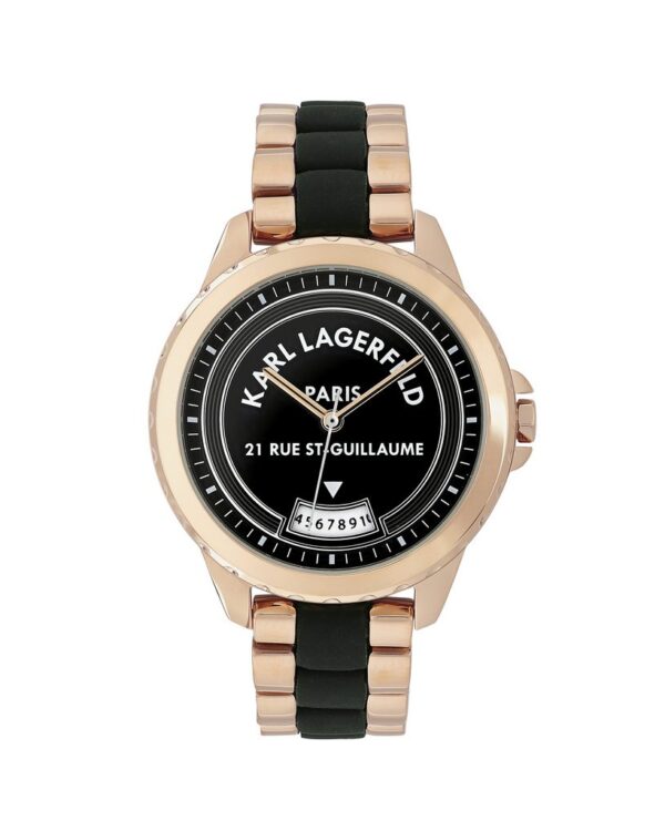 Γυναικείο ρολόι του οίκου Karl Lagerfeld, με λευκό καντράν διακοσμημένο κρύσταλλα swarovski και ασημένια γατούλα. Μηχανισμός Quartz με 2 χρόνια εργοστασιακής εγγύησης. Με μπρασελέ, κατασκευασμένο όλο από ανοξείδωτο ατσάλι. Διάμετρος καντράν 26mm, στεγανότητα 3 ΑΤΜ. Παραδίδεται στην γνήσια συσκευασία του με πιστοποιητικό γνησιότητας και εξουσιοδοτημένο service.