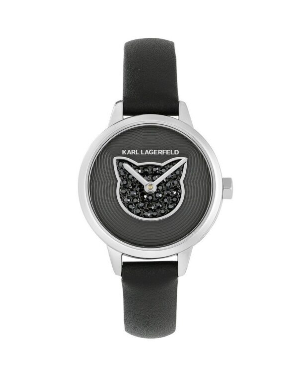 Γυναικείο ρολόι του οίκου Karl Lagerfeld, με καντράν διακοσμημένο με κρύσταλλα swarovski και γατούλα. Μηχανισμός Quartz με 2 χρόνια εργοστασιακής εγγύησης. Με δερμάτινο λουράκι, κατασκευασμένο όλο από ανοξείδωτο ατσάλι, επιχρυσωμένο με 24 καράτια για το χρυσό και το ροζ χρυσό. Διάμετρος καντράν 26mm, στεγανότητα 3 ΑΤΜ. Παραδίδεται στην γνήσια συσκευασία του με πιστοποιητικό γνησιότητας και εξουσιοδοτημένο service.