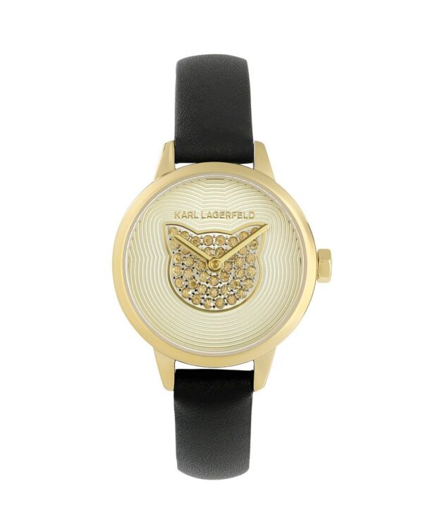 Γυναικείο ρολόι του οίκου Karl Lagerfeld, με καντράν διακοσμημένο με κρύσταλλα swarovski και γατούλα. Μηχανισμός Quartz με 2 χρόνια εργοστασιακής εγγύησης. Με δερμάτινο λουράκι, κατασκευασμένο όλο από ανοξείδωτο ατσάλι, επιχρυσωμένο με 24 καράτια για το χρυσό και το ροζ χρυσό. Διάμετρος καντράν 26mm, στεγανότητα 3 ΑΤΜ. Παραδίδεται στην γνήσια συσκευασία του με πιστοποιητικό γνησιότητας και εξουσιοδοτημένο service.