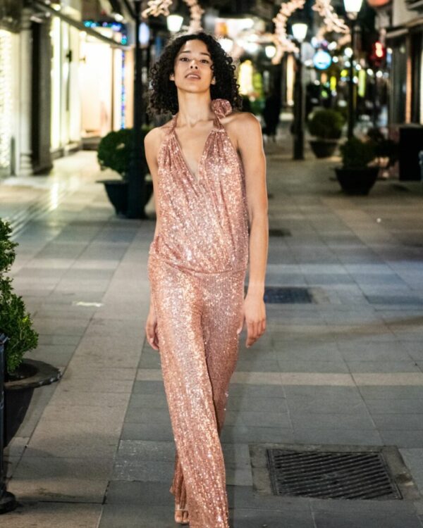 Μπρονζέ ολόσωμη παντελόνα με παγιέτα