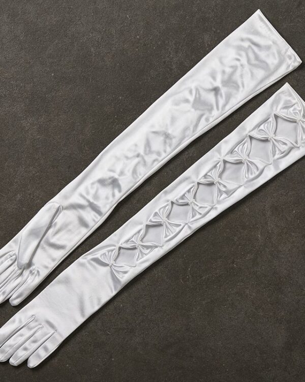 Σατέν νυφικά γάντια με φιόγκους σε λευκό_50cm