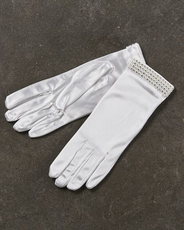 Σατέν νυφικά γάντια με στρας σε λευκό_22cm