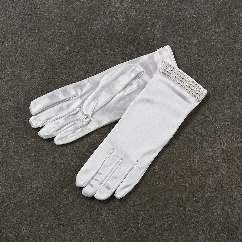 Σατέν νυφικά γάντια με στρας σε λευκό_22cm