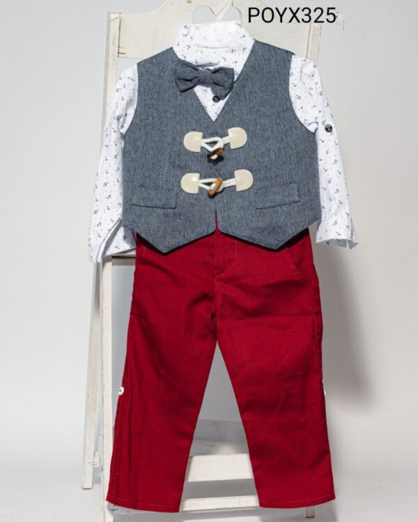 Βαπτιστικό κοστούμι με γιλέκο και παπιγιόν, σε κόκκινο με γκρι