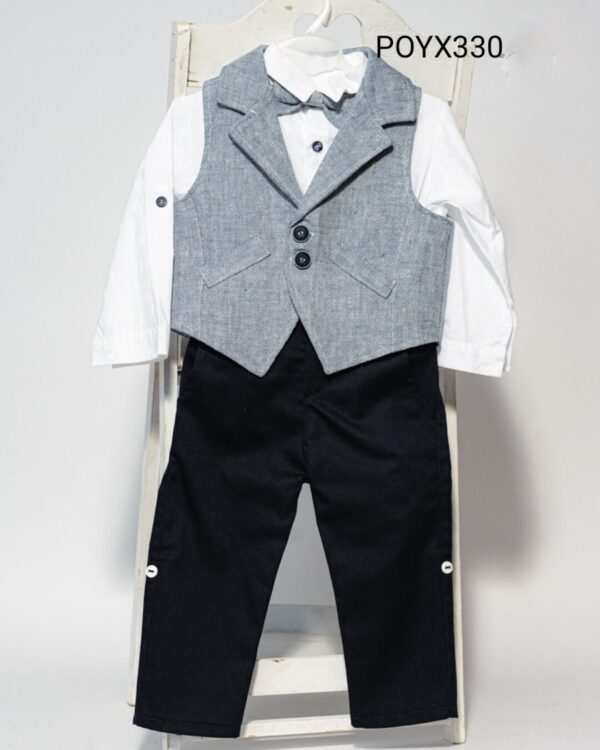 Βαπτιστικό κοστούμι με γιλέκο και παπιγιόν, σε navy blue με γαλάζιο