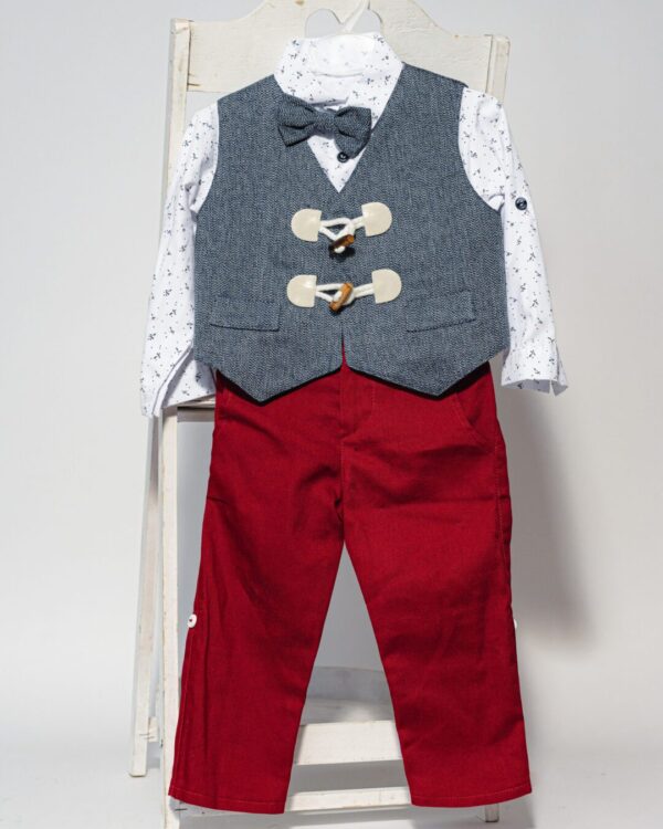 Βαπτιστικό κοστούμι με γιλέκο και παπιγιόν, σε κόκκινο με γκρι