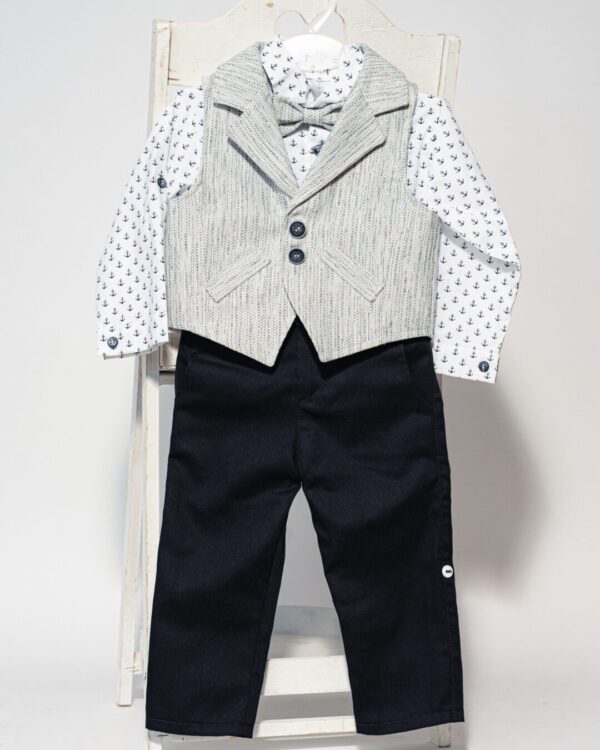 Βαπτιστικό κοστούμι με γιλέκο και παπιγιόν, σε μπλε σκούρο με ανοιχτό γκρι