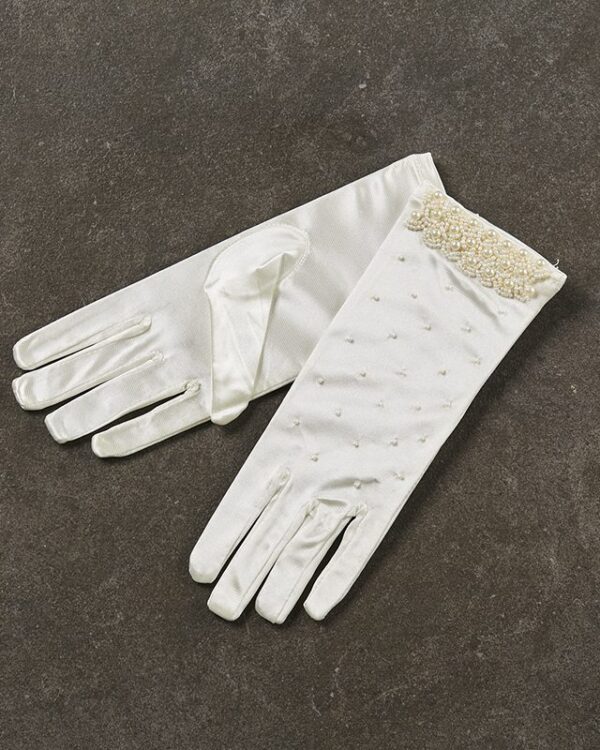 Σατέν νυφικά γάντια με κέντημα πέρλας σε εκρού_22cm