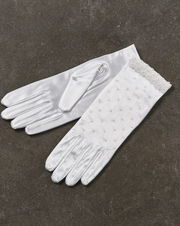 Σατέν νυφικά γάντια με κέντημα πέρλας σε λευκό_22cm