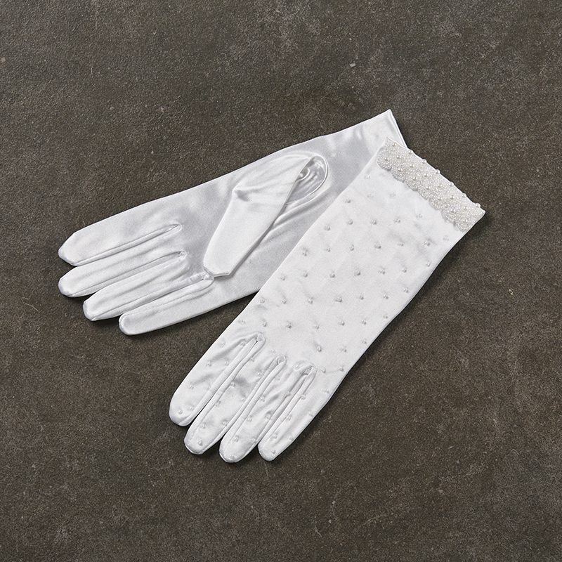 Σατέν νυφικά γάντια με κέντημα πέρλας σε λευκό_22cm