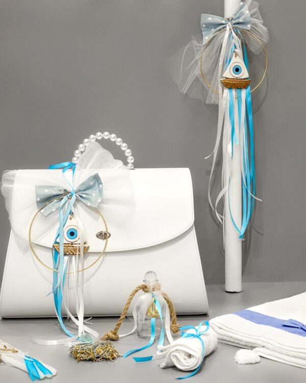 Πλήρες σετ βάπτισης με καράβι και ματάκι, γαλάζιο και λευκό