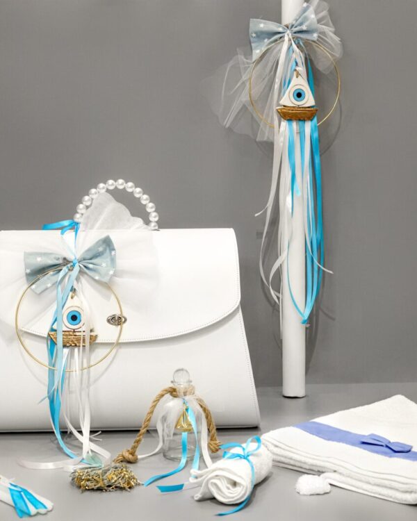 Πλήρες σετ βάπτισης με καράβι και ματάκι, γαλάζιο και λευκό