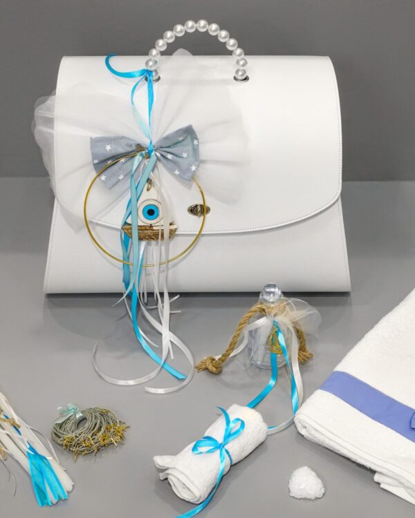 Πλήρες σετ βάπτισης με καράβι και ματάκι, γαλάζιο και λευκό