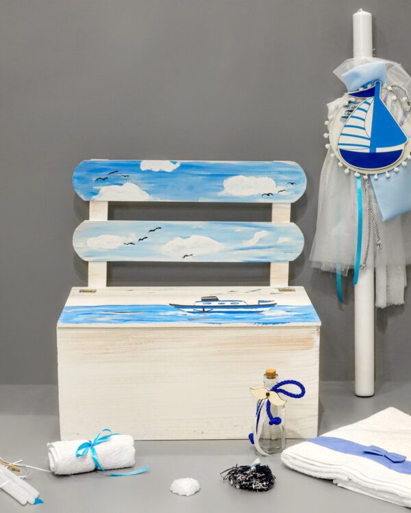 Πλήρες σετ βάπτισης με καραβάκια, σε γαλάζιο και λευκό