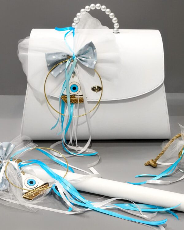 Πλήρες σετ βάπτισης με καράβι και ματάκι, γαλάζιο και λευκό