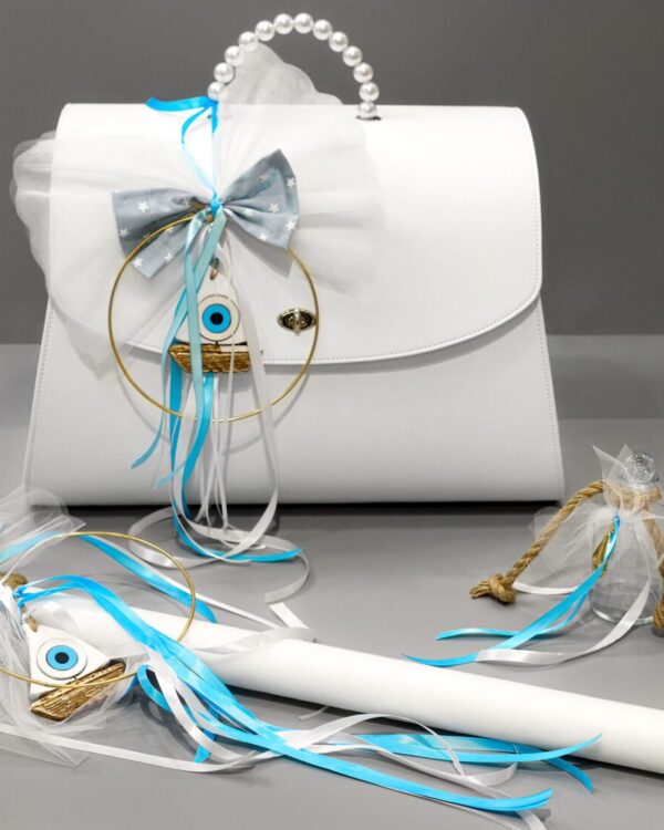 Πλήρες σετ βάπτισης με καράβι και ματάκι, γαλάζιο και λευκό