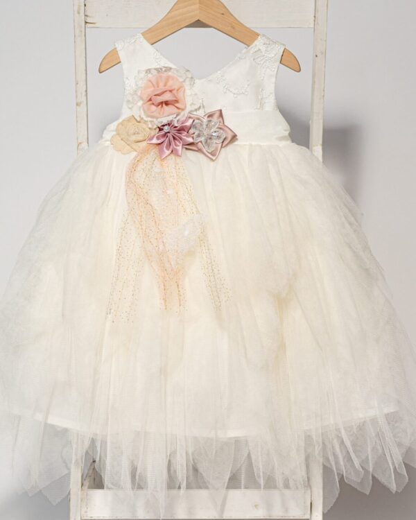 Νεραϊδένιο βαπτιστικό φόρεμα με ασύμμετρο άσπρο γαλλικό τούλι