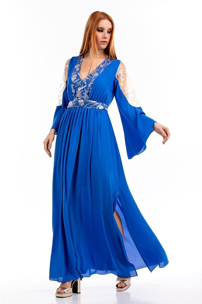Maxi φόρεμα με μανίκι και κέντημα δαντέλα σε μπλε