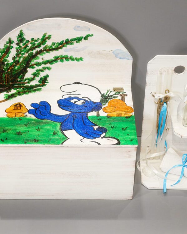 Πλήρες σετ βάπτισης ξύλινο παγκάκι με Στρουμφάκια