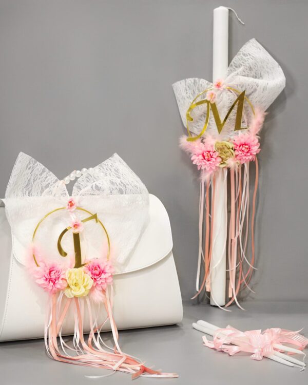 Πλήρες σετ βάπτισης βαλίτσα με μονόγραμμα και vintage λουλούδια