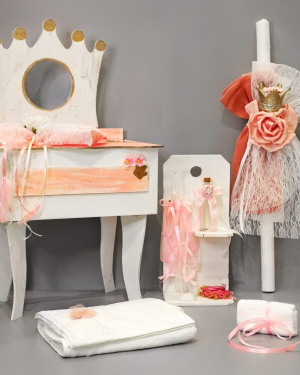 Πλήρες σετ βάπτισης vintage μπουντουάρ κορώνα με λουλούδια, σε σομόν