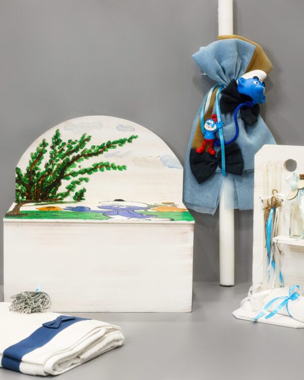 Πλήρες σετ βάπτισης ξύλινο παγκάκι με Στρουμφάκια