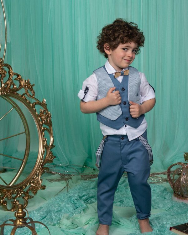 Βαπτιστικό κοστούμι σε μπλε ραφ με γιλέκο, τιράντες και παπιγιόν